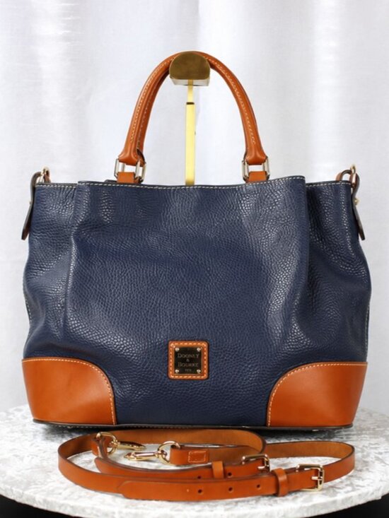 Dooney & Bourke Handbags - Dooney & Bourke Pebble Grain Leather Satchel Navy & British Tan Crossbody Bag